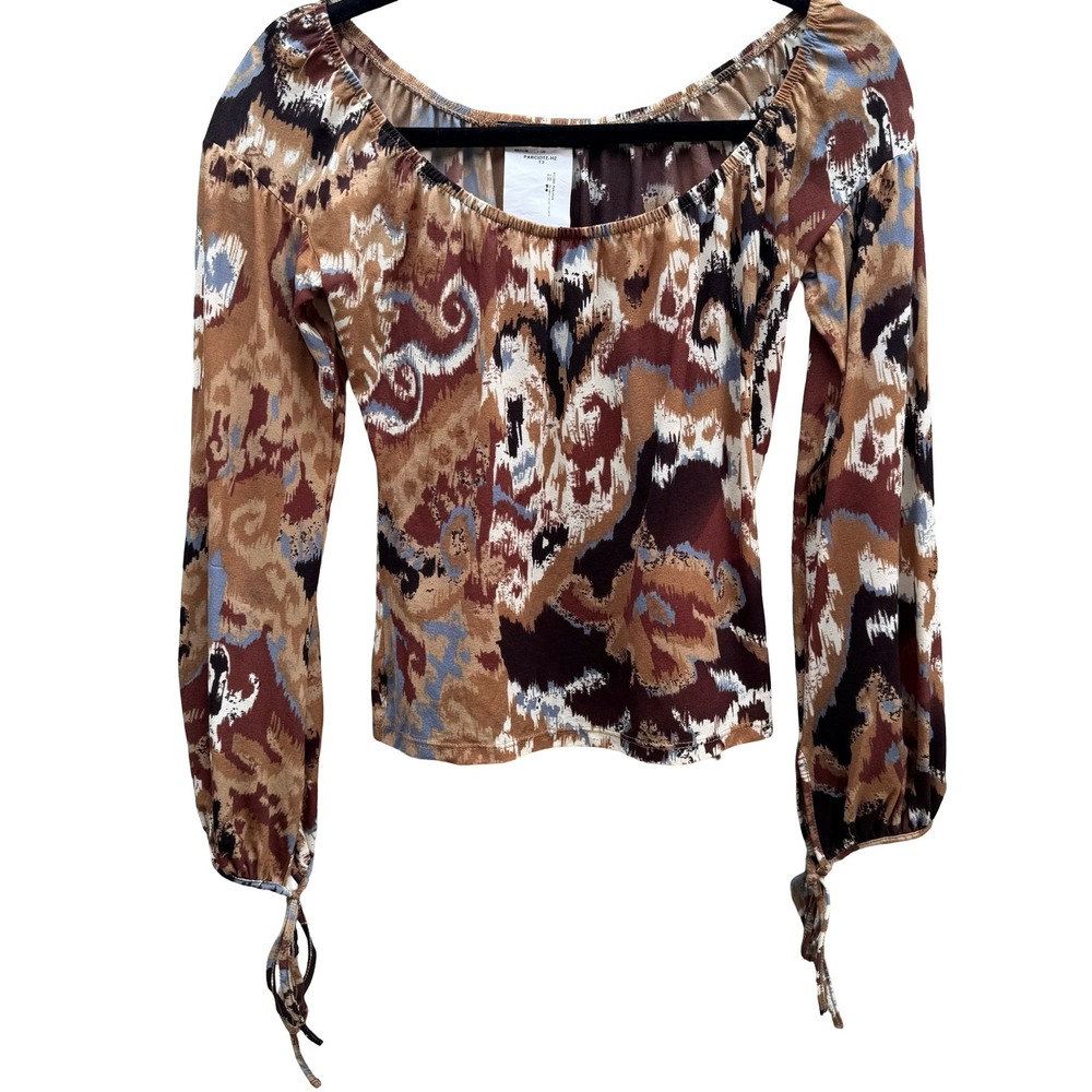 Morgan De Toi Y2K Abstract Ikat Fairy Boho Witchy Tie Cuff Peasant Top Brown S